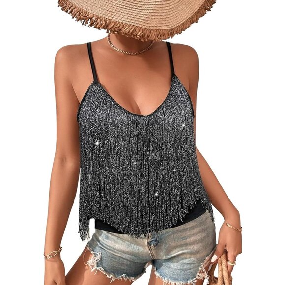 Women's Silver Black Fringe Tank Top Western Festival Clothing V Neck Outfits - Picture 1 of 6